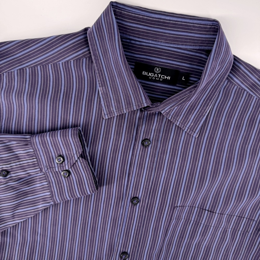 Bugatchi Uomo Men Large Purple Blue Striped Rayon Blend Long Sleeve Button Shirt